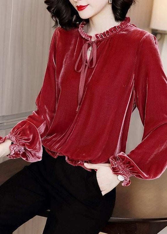 French Red Ruffled Patchwork Tie Lace Silk Velour Top Lantern Sleeve RK004