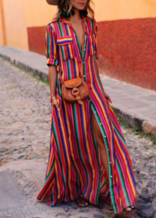 Red Striped Cotton French Button Dresses Summer Shirts