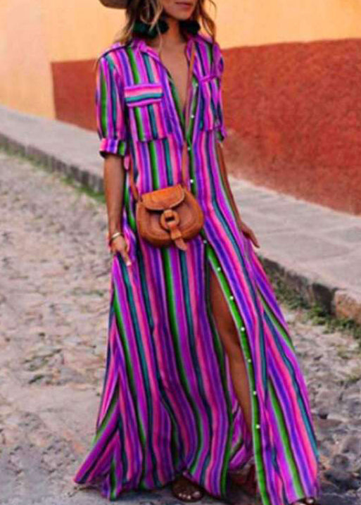 Dresses Button Striped French Red Shirts Summer Cotton