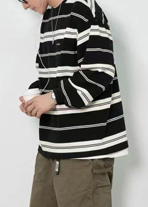 French Mens Red T Striped O-Neck Cotton Spring Shirts