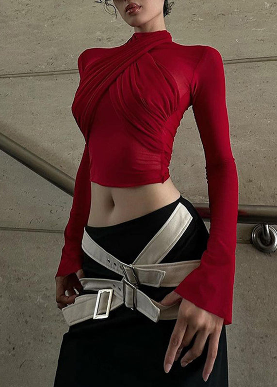 Top Turtleneck French Tulle Spring Red Sheer