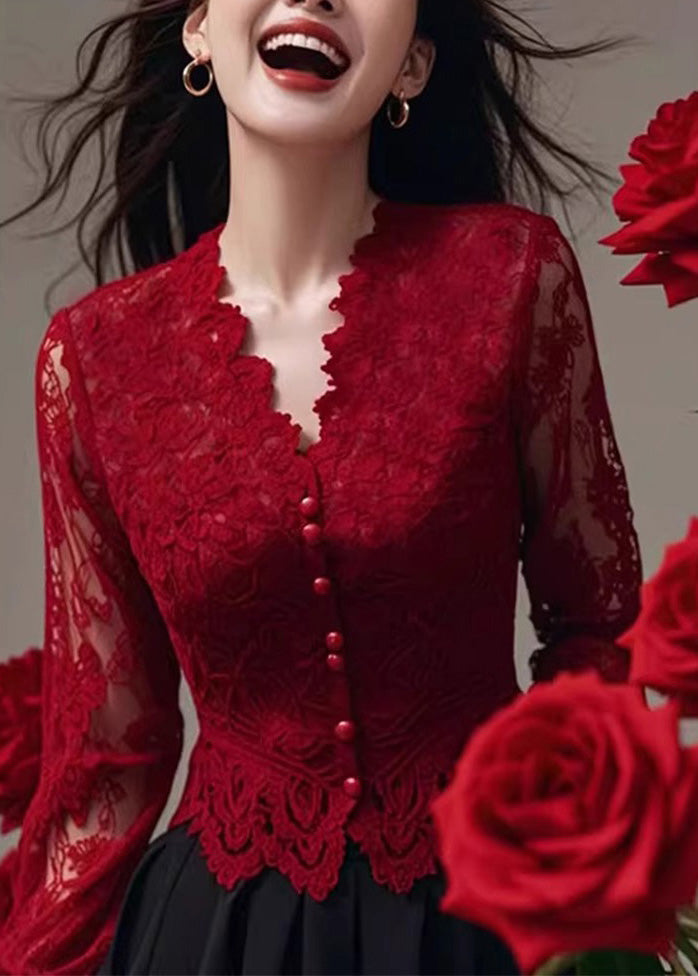 Red Spring French Slim Neck Shirt Lace Fit V Tops