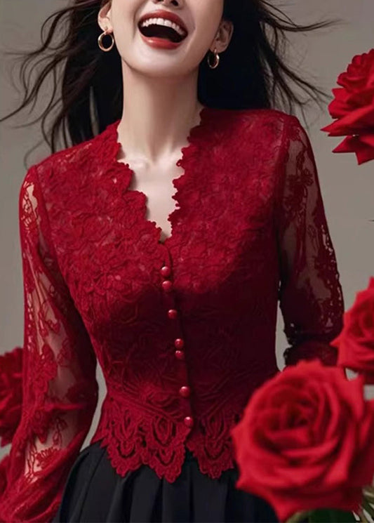 Red Spring French Slim Neck Shirt Lace Fit V Tops