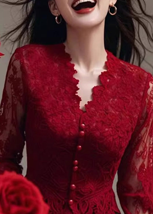 Red Spring French Slim Neck Shirt Lace Fit V Tops