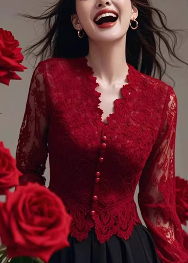 Red Spring French Slim Neck Shirt Lace Fit V Tops