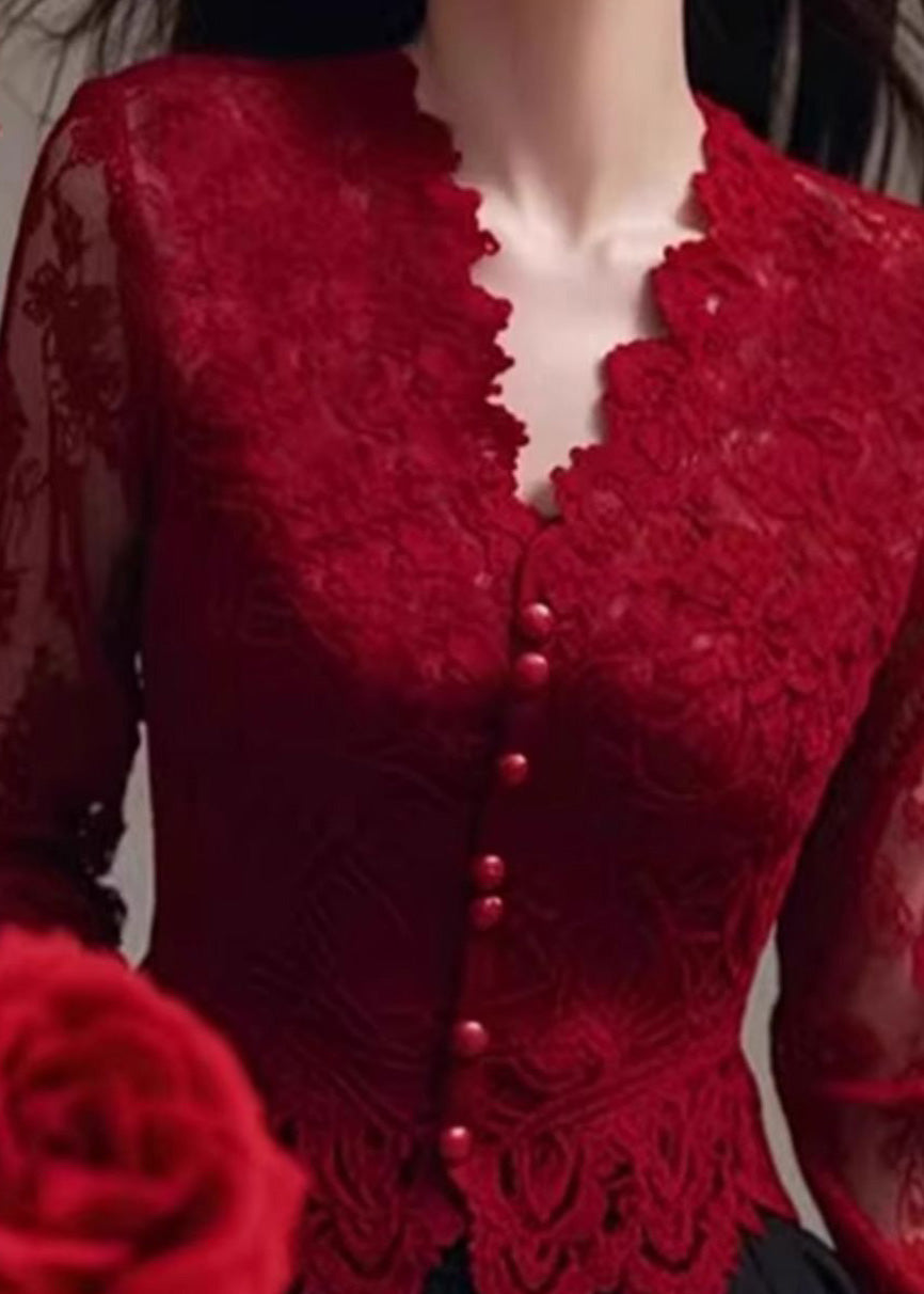 Red Spring French Slim Neck Shirt Lace Fit V Tops