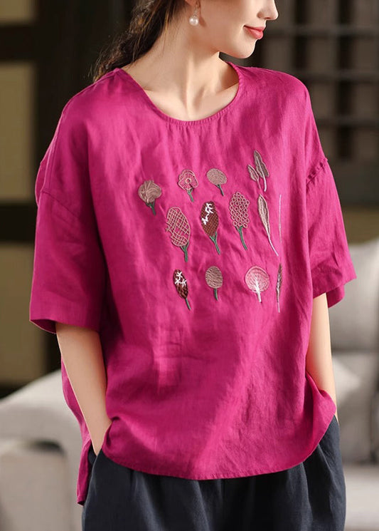 French Sleeve T Half Shirt Rose Embroidered Cotton Open Side