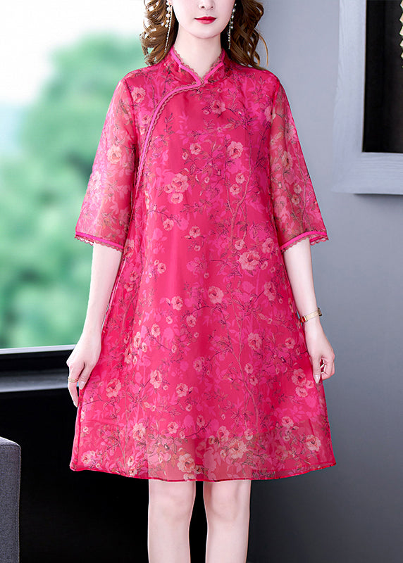 French Rose Stand Collar Print Silk Dress Half Sleeve OP1003