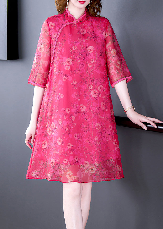 French Rose Stand Collar Print Silk Dress Half Sleeve OP1003