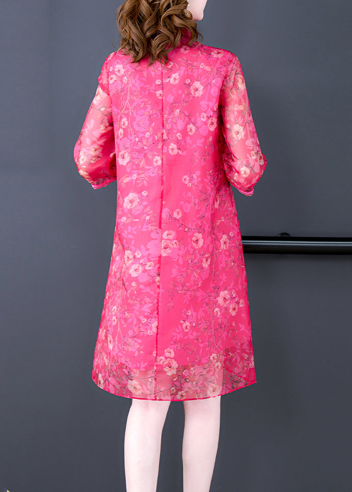 French Rose Stand Collar Print Silk Dress Half Sleeve OP1003