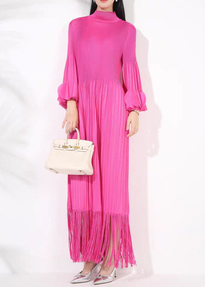 French Rose Cotton Wrinkled Long DressesFall Turtleneck Tasseled