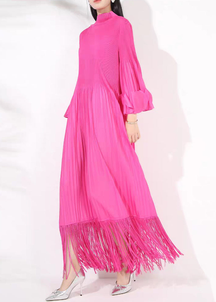 French Rose Cotton Wrinkled Long DressesFall Turtleneck Tasseled