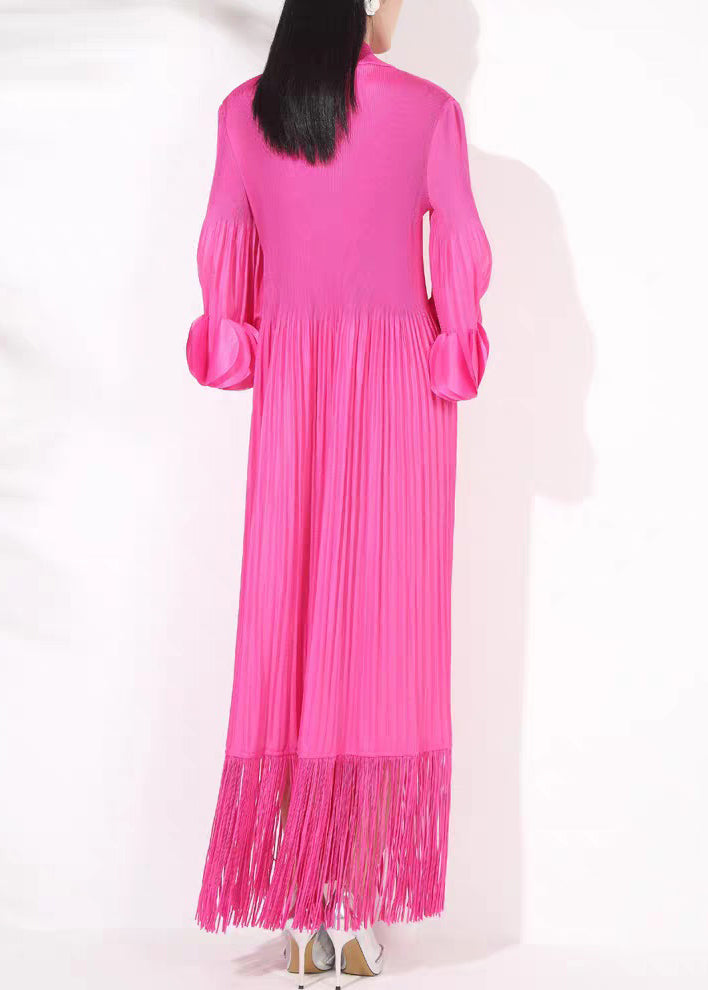 French Rose Cotton Wrinkled Long DressesFall Turtleneck Tasseled