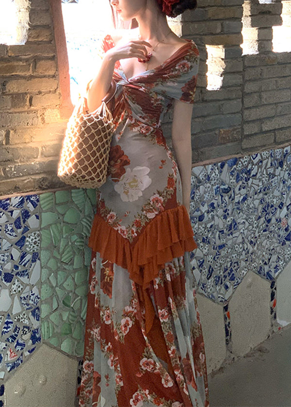 Ruffled Summer Cotton Dress Print Long French Patchwork