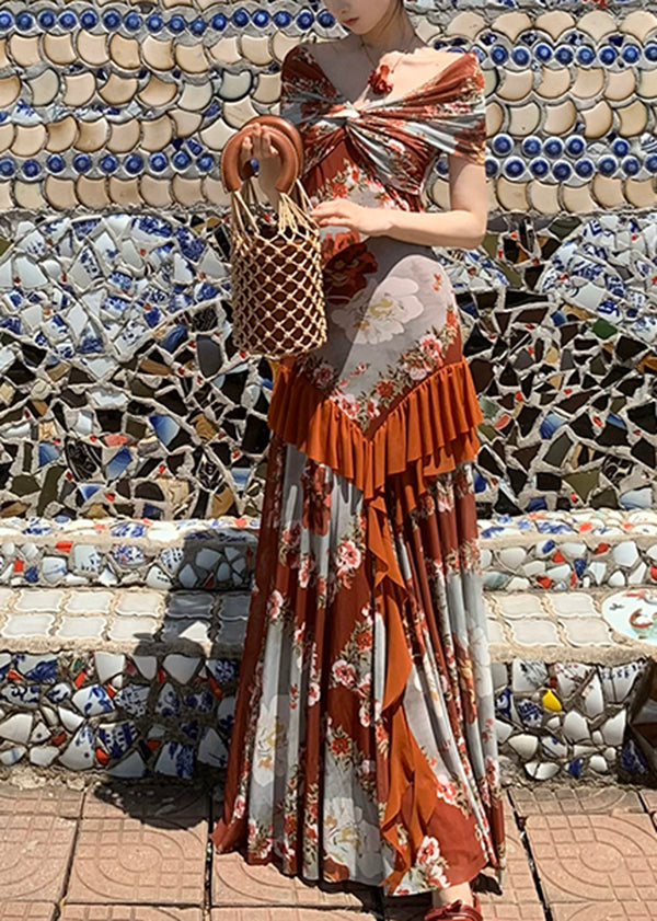 Ruffled Summer Cotton Dress Print Long French Patchwork