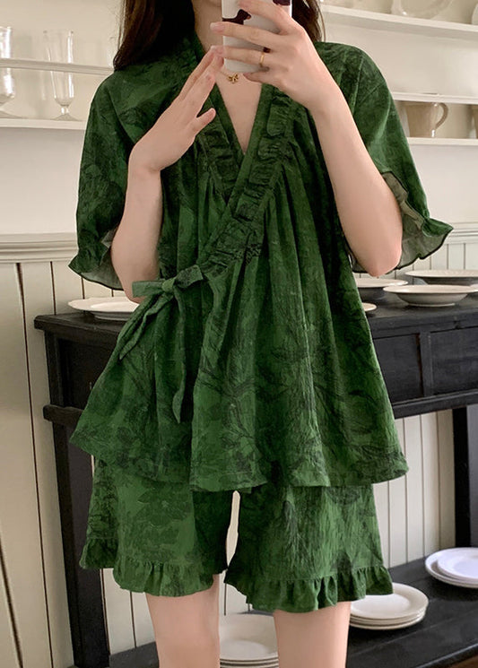 Pajama Sets Ruffled French Cotton Tea Green Print Summer