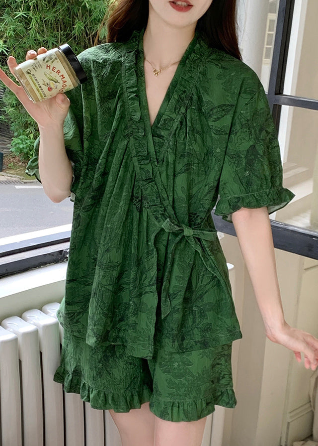 Pajama Sets Ruffled French Cotton Tea Green Print Summer