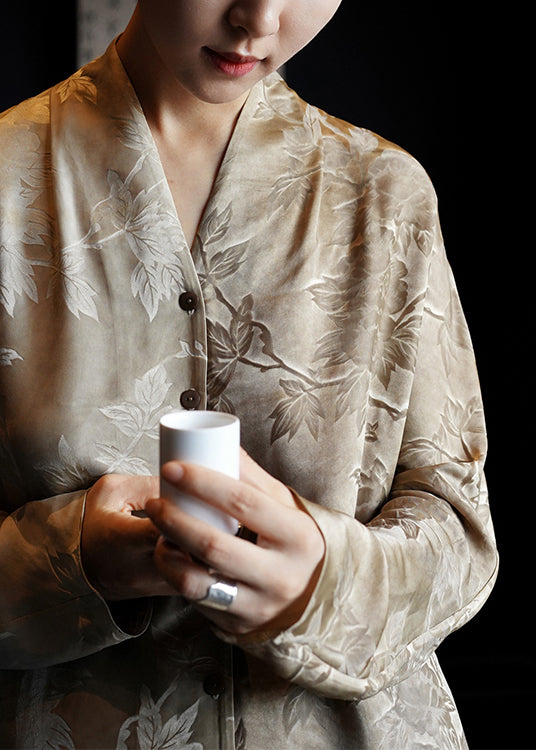 Print French Shirts V Silk Dresses Fall Button Neck