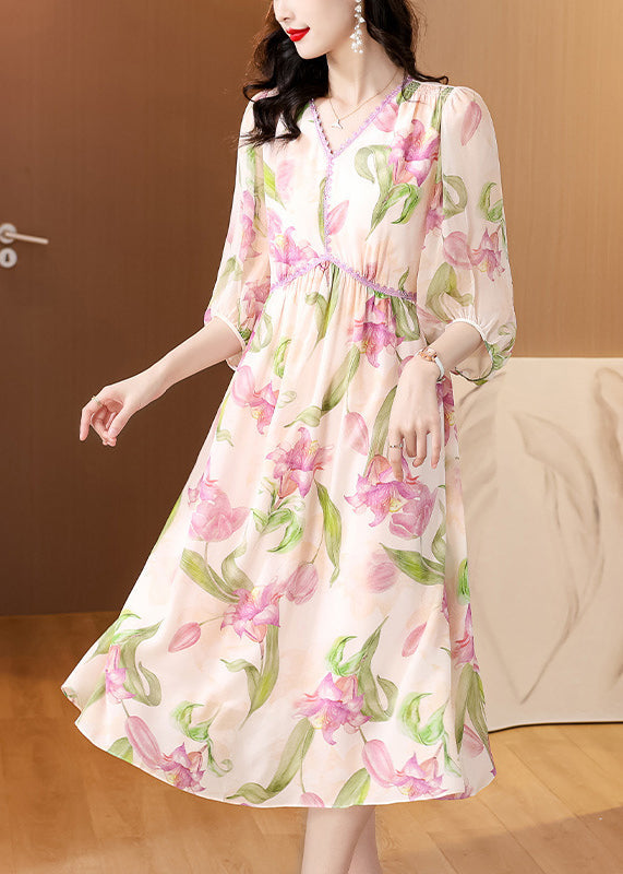 French V Neck Print Silk Dresses Lantern Sleeve BB013