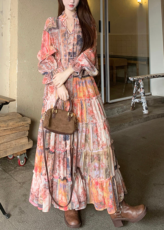 French Two Pieces Print Maxi Dress Flare V Set And Waistcoat Neck