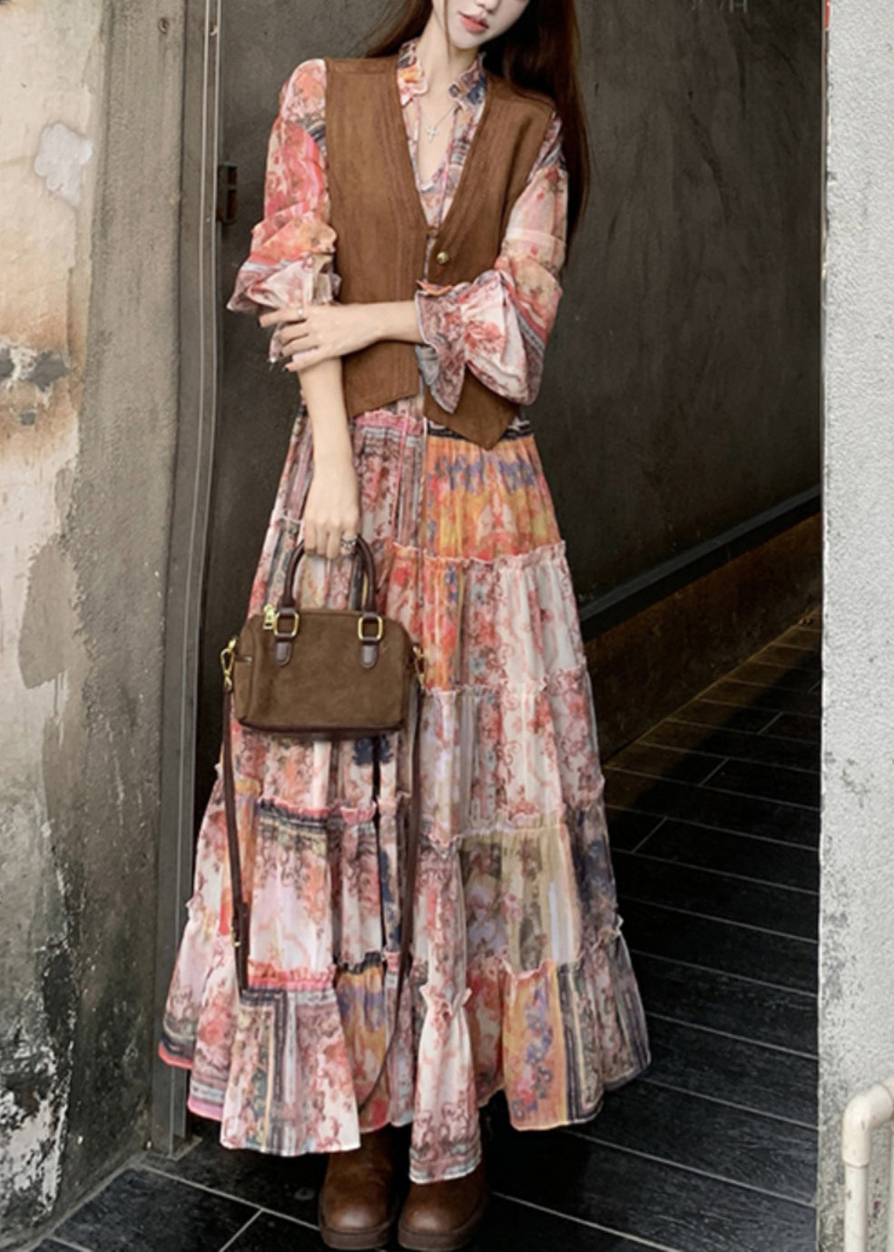 French Two Pieces Print Maxi Dress Flare V Set And Waistcoat Neck