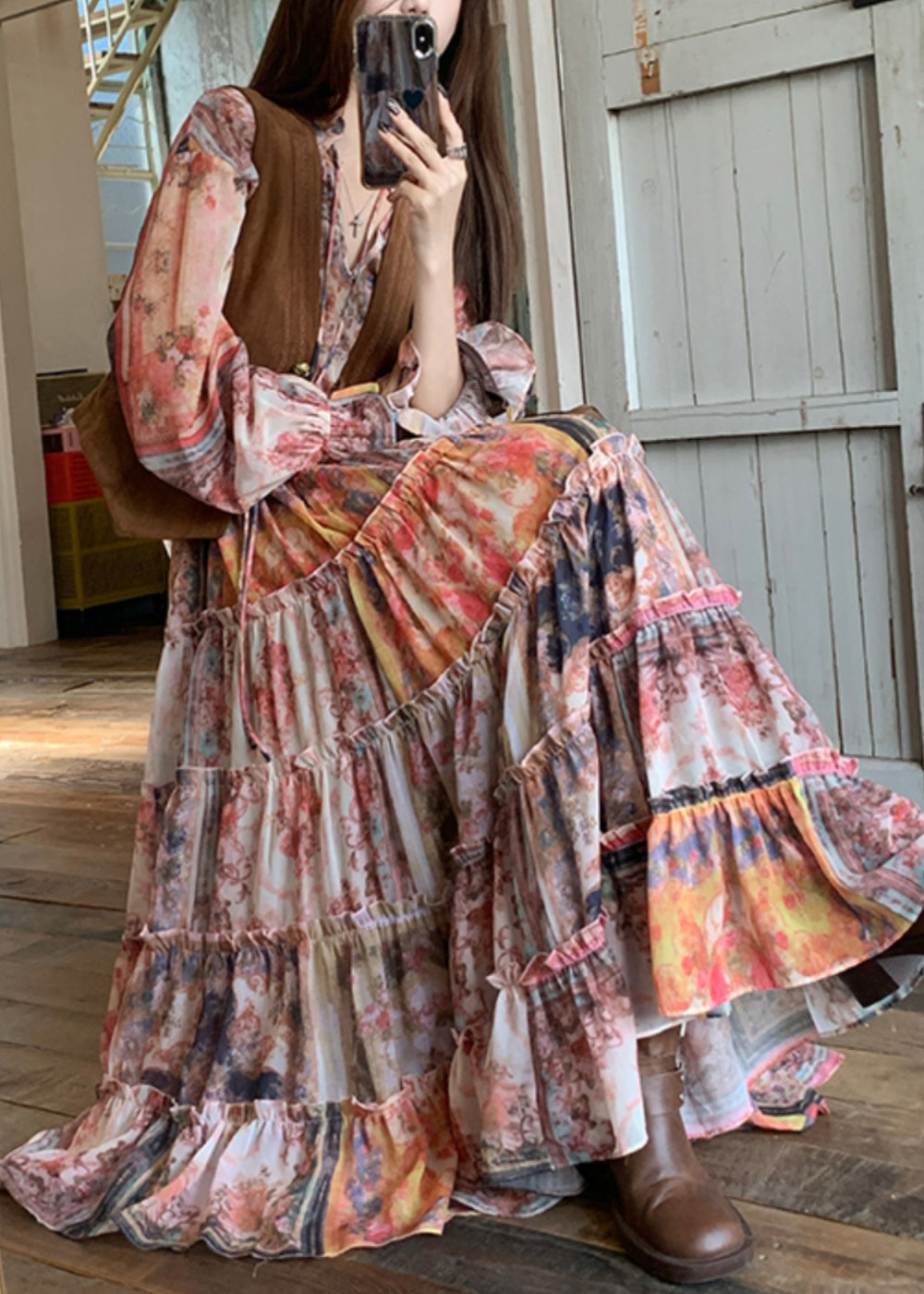 French Two Pieces Print Maxi Dress Flare V Set And Waistcoat Neck