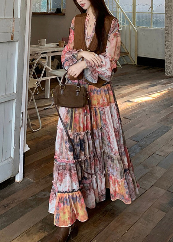 French Two Pieces Print Maxi Dress Flare V Set And Waistcoat Neck
