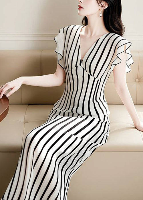 Neck French High Summer Striped Waist V Chiffon Dress
