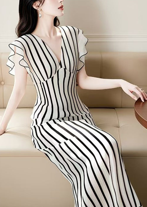 Neck French High Summer Striped Waist V Chiffon Dress