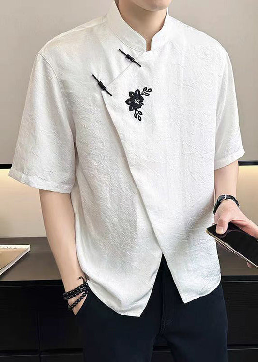 Cotton T French White Mens Asymmetrical Embroideried Summer Shirt