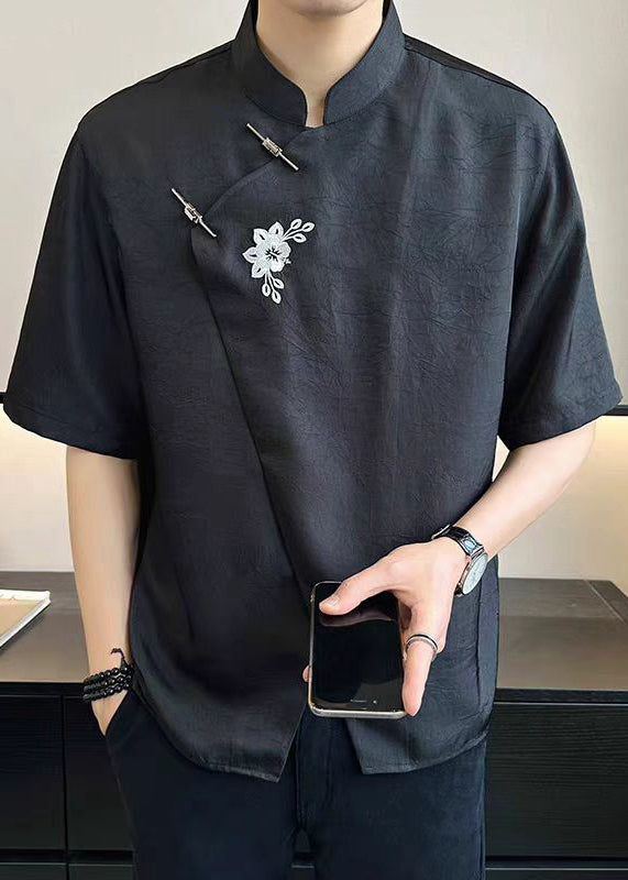 Cotton T French White Mens Asymmetrical Embroideried Summer Shirt