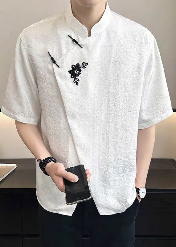 Cotton T French White Mens Asymmetrical Embroideried Summer Shirt