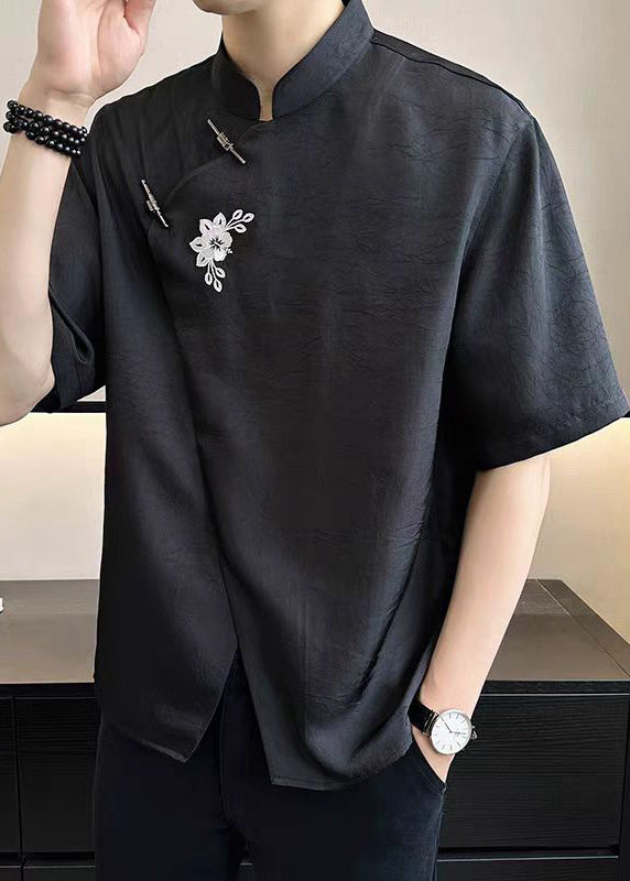 Cotton T French White Mens Asymmetrical Embroideried Summer Shirt