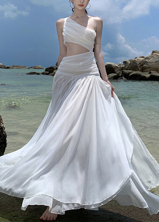 White Vacation Chiffon Asymmetrical Wrinkled French Dresses