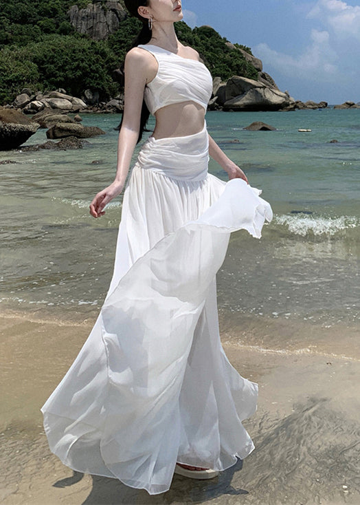 White Vacation Chiffon Asymmetrical Wrinkled French Dresses