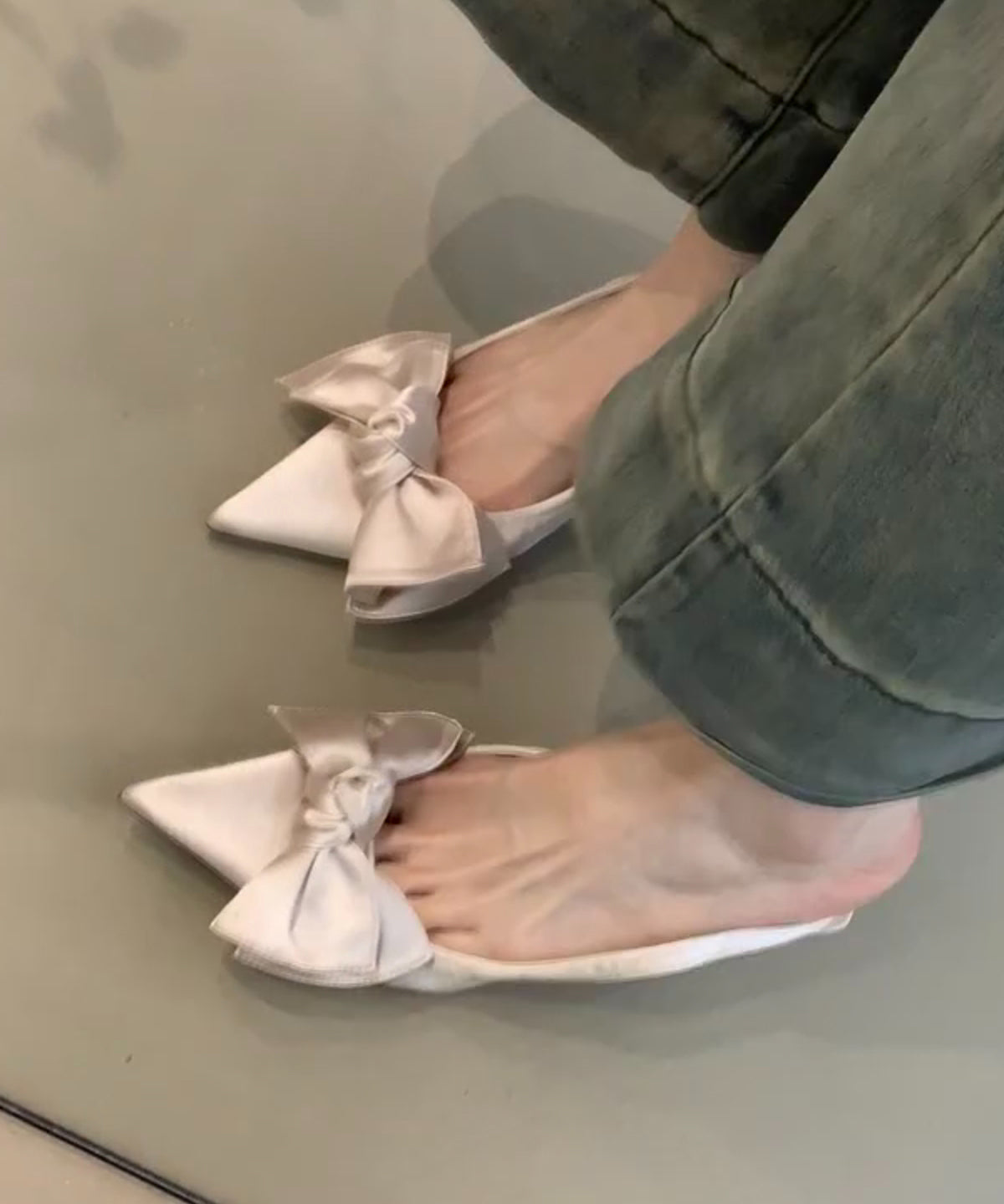 Pointed White Sandals Bow Splicing French Toe Stiletto