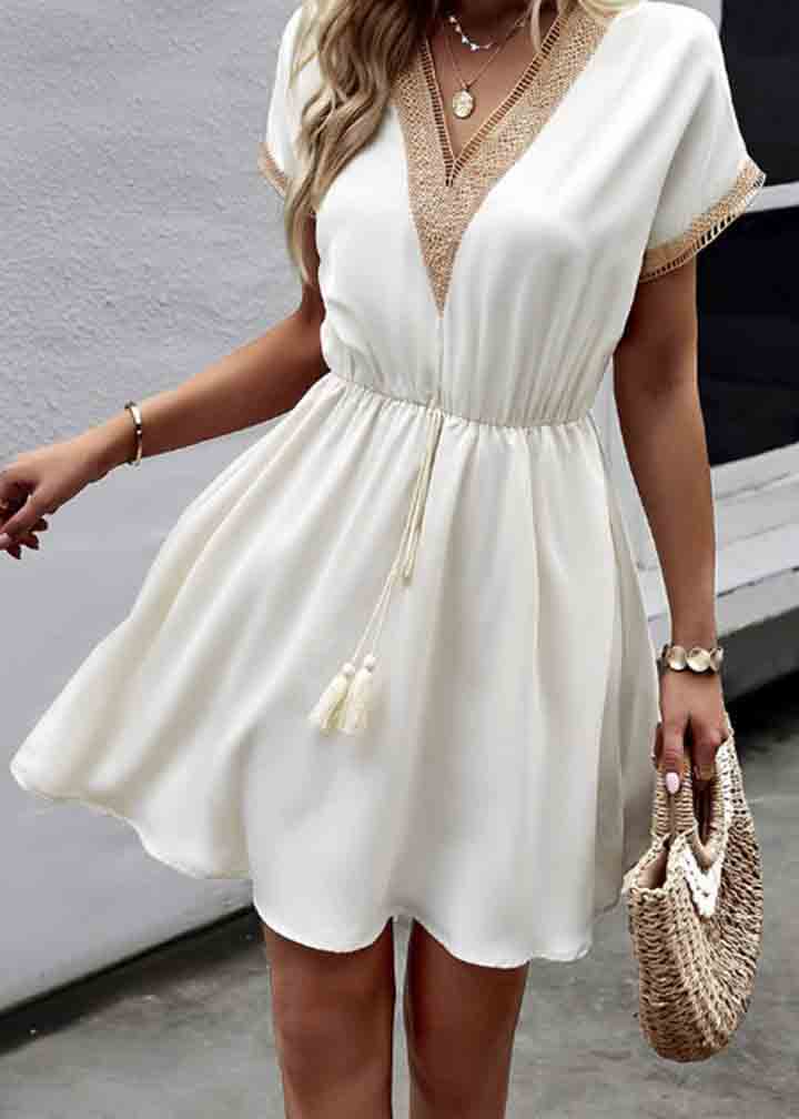 Patchwork Cinched Mini White Lace Summer French Dress
