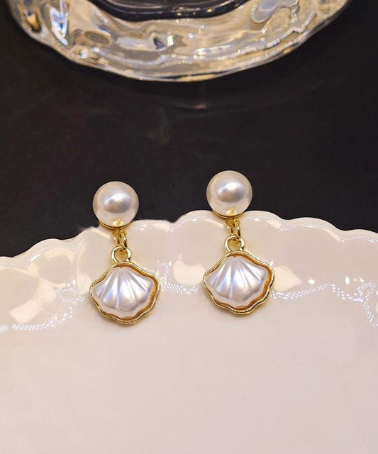 White Drop Pearl Earrings French Shell Copper Alloy