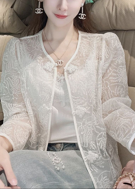 French White Embroidered Button Sequins Lace Coat Summer Ada Fashion