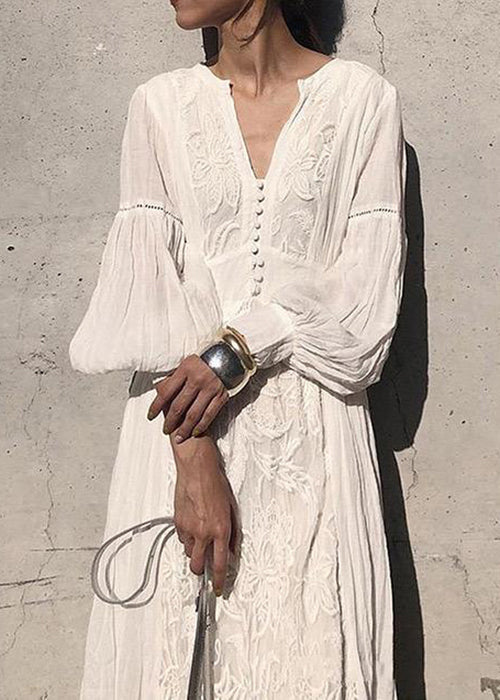 White Waist Embroidered French Sleeve Lantern Dress High Long