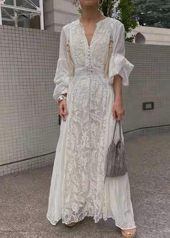 White Waist Embroidered French Sleeve Lantern Dress High Long
