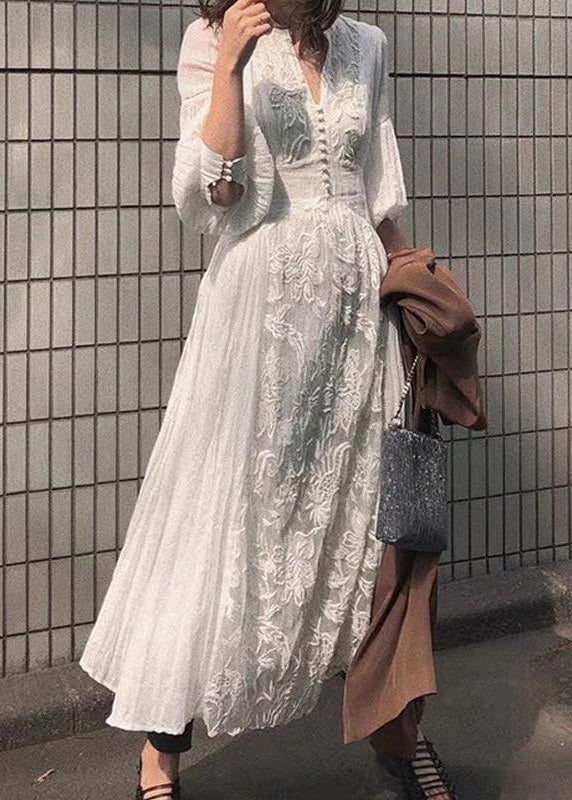 White Waist Embroidered French Sleeve Lantern Dress High Long