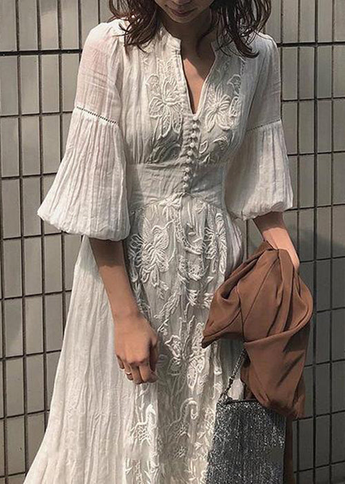 White Waist Embroidered French Sleeve Lantern Dress High Long