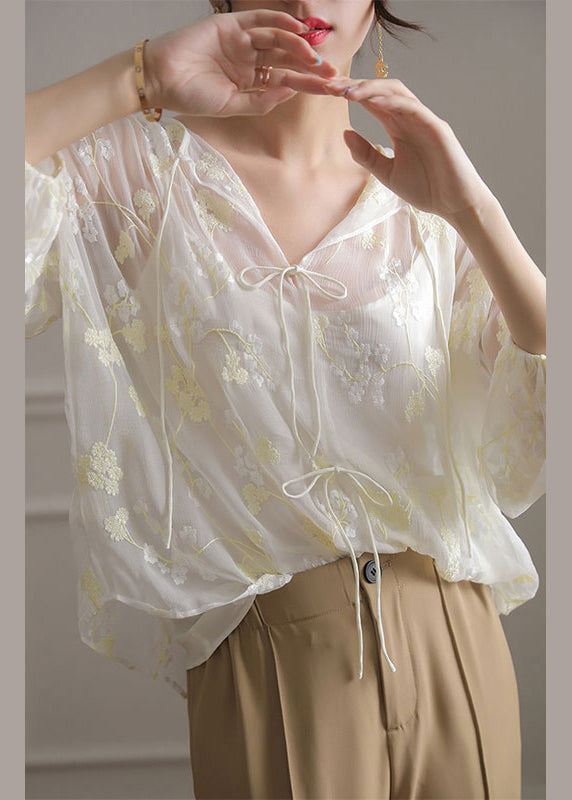 French White Embroidered Lace Up Silk Shirt Bracelet Sleeve OP1028