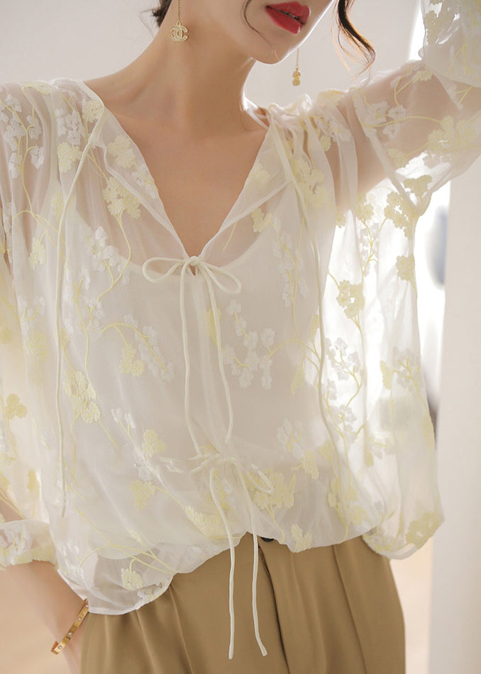 French White Embroidered Lace Up Silk Shirt Bracelet Sleeve OP1028