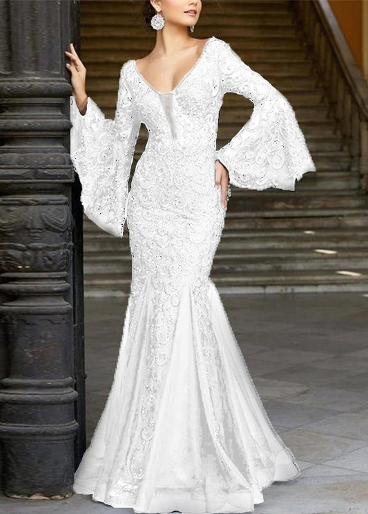French Embroidered Lace Solid White Dresses Flare Sleeve Fishtail