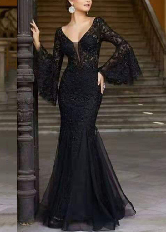 French Embroidered Lace Solid White Dresses Flare Sleeve Fishtail