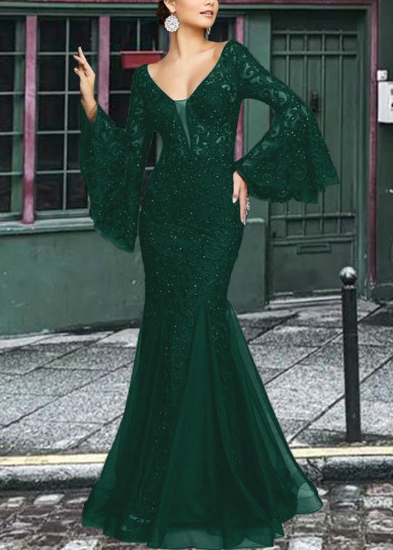 French Embroidered Lace Solid White Dresses Flare Sleeve Fishtail