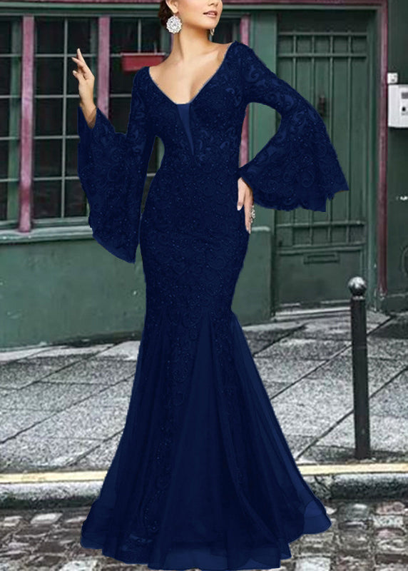 French Embroidered Lace Solid White Dresses Flare Sleeve Fishtail