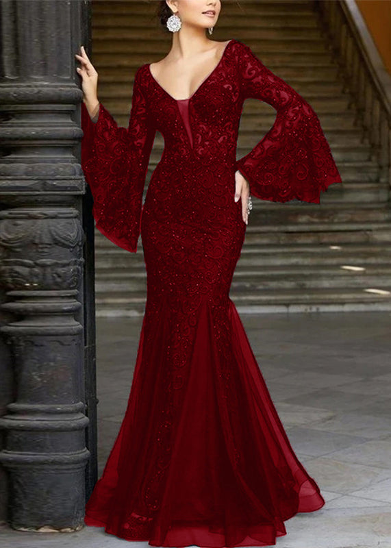 French Embroidered Lace Solid White Dresses Flare Sleeve Fishtail